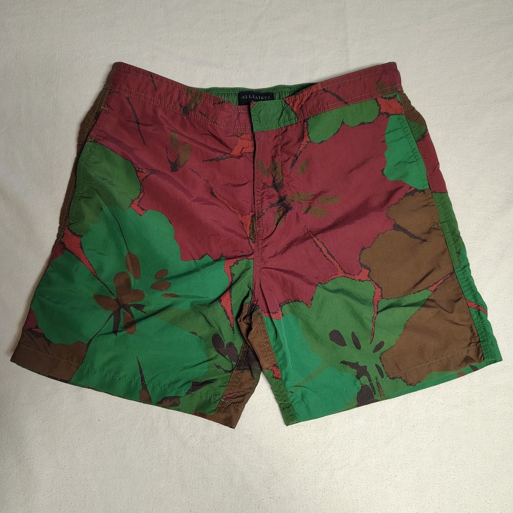 AllSaints Mens Mallorca Swimshort Small Green Burgundy Floral Recycled Trunks
